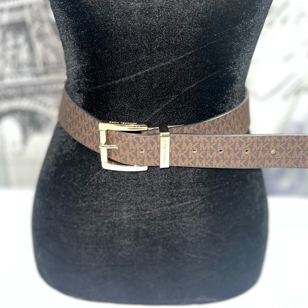 Michael Kors Brown Logo Print Fashion Belt with GoldTone Buckle size M